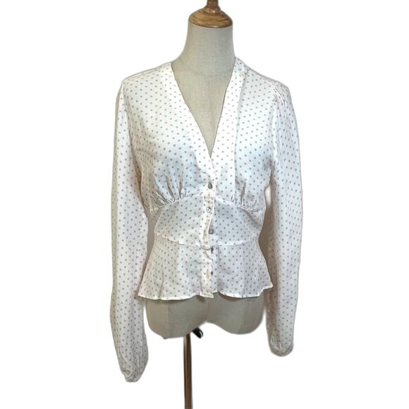 Free People White Blouse Pink Polka Dots XS Button Front V-Neck - Picture 1 of 9